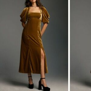 Anthropologie Short Sleeve Square Neck Velvet Midi Dress